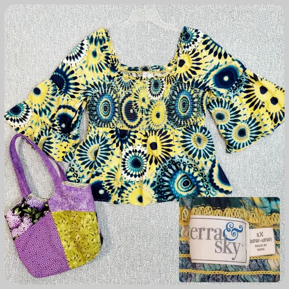 Terra & Sky Floral Blouse, Blue & Yellow Tie Dye, Womens Sz XL - Picture 1 of 9